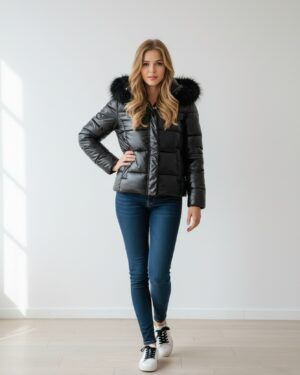 Parka negra brillo con capucha de pelo